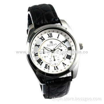 Stainless steel watch with genuine leather band for men, hot selling, made in China